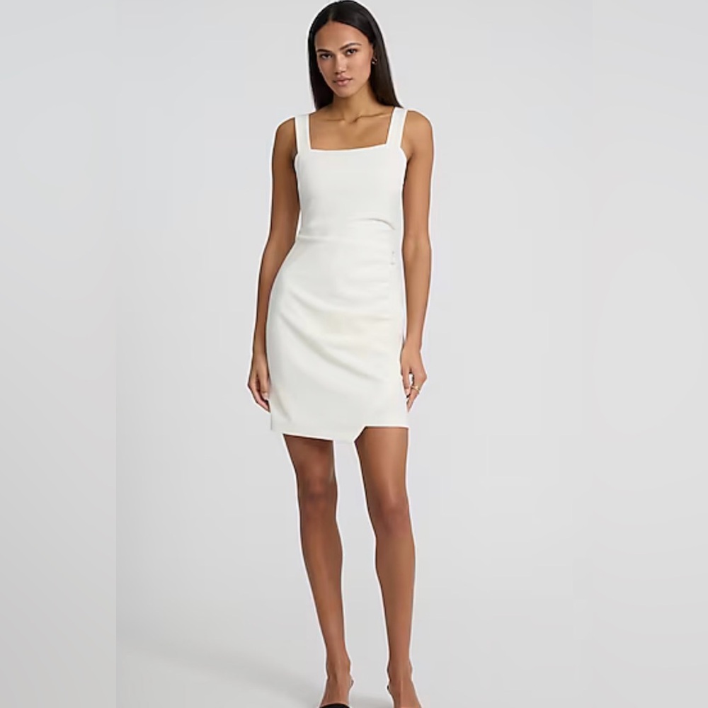 EXPRESS Square Neck Sleeveless Ruched Mini Dress, Women Size Large, Ivory